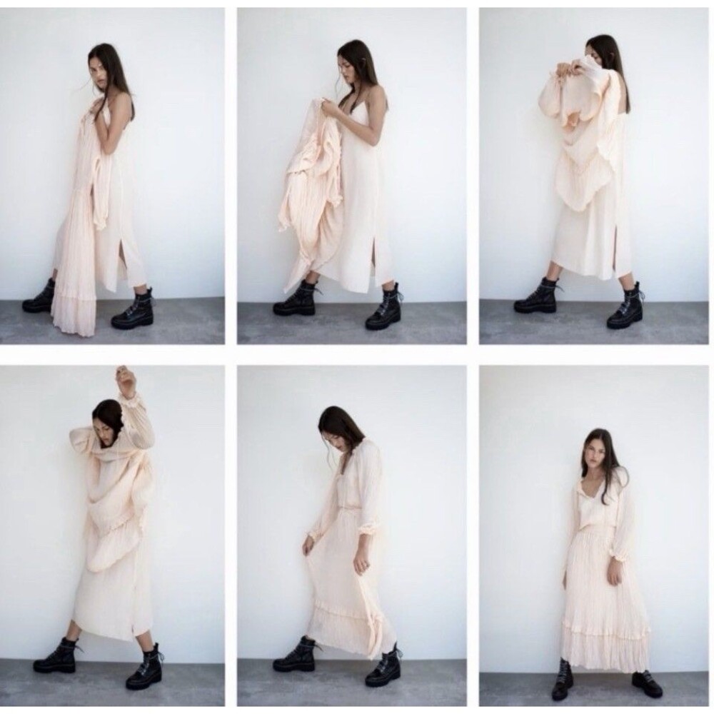 ZARA XXL Peach Maxi Pleated Voluminious Dress With Matching Slip - Picture 2 of 12